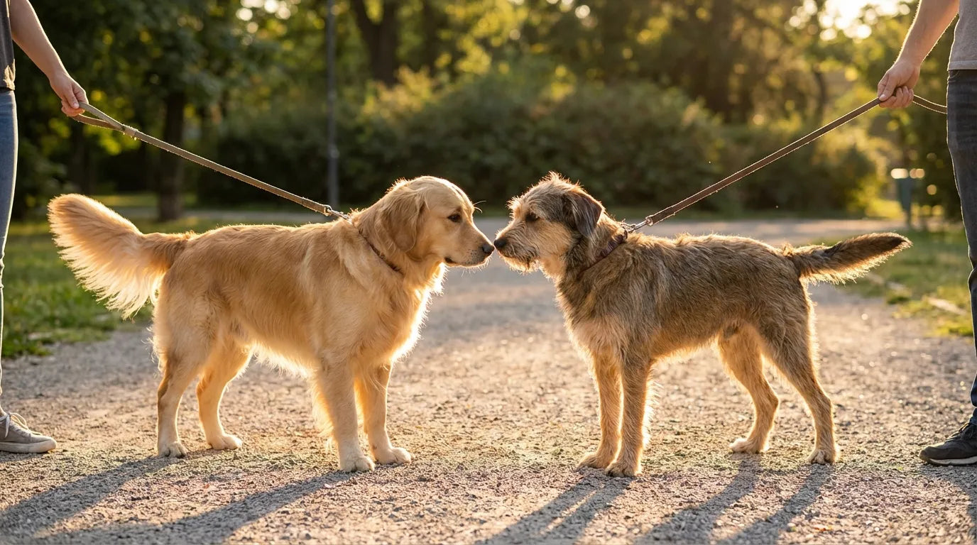two dogs meeting calmly during a neutral ground introduction walk