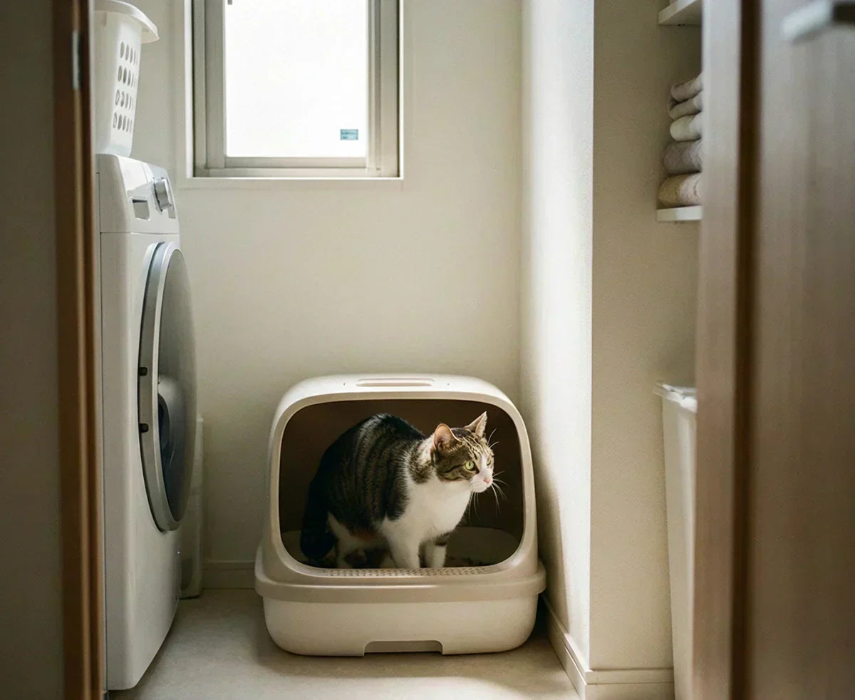 A household cat using an open cat litter box in a quiet corner of the room