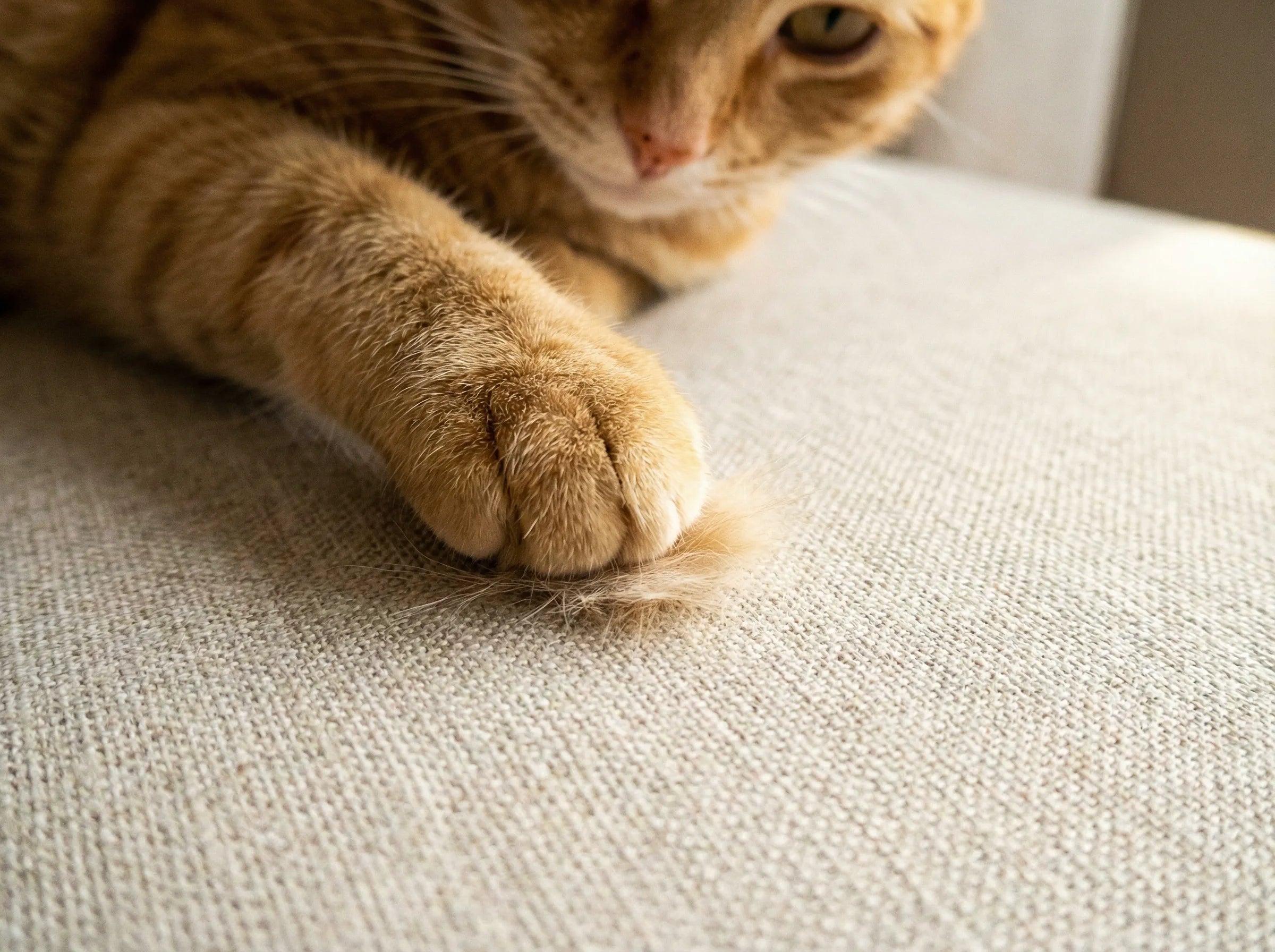 A cat gently pawing at a small clump of fur on the couch