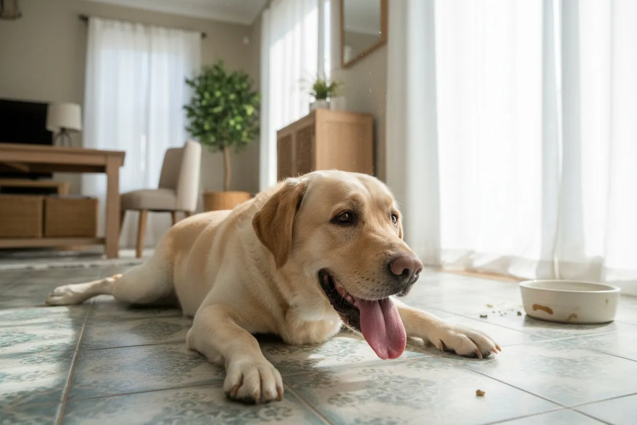 Dog showing early overheating warning signs indoors during summer, panting slightly while resting on a cool floor surface.