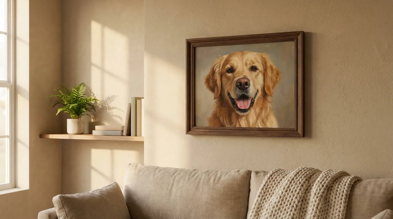 custom pet portrait painting displayed in a cozy living room wall decor