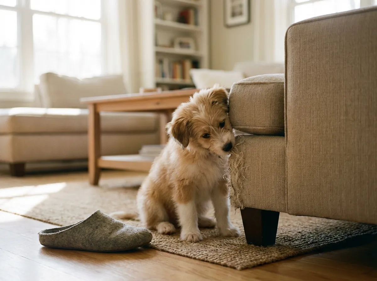 puppy chewing couch during teething stages at home