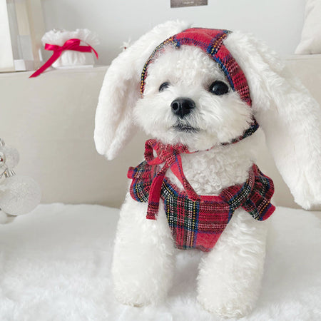 Cute Rabbit Red Plaid Dog Dress Set petin