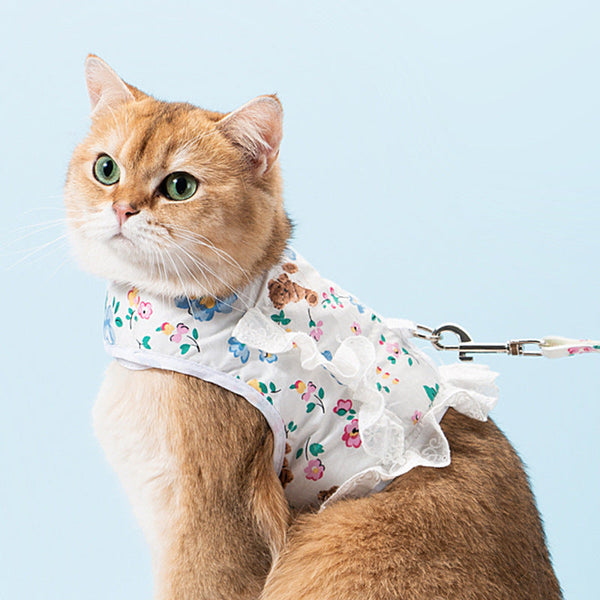 Embroidered Daisy Motif With Classic Lace Trim Cat Harness petin