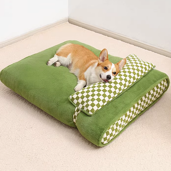Green Checkered Fluffy Dog Bed