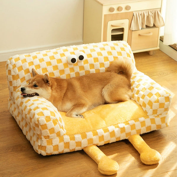 Yellow Plaid Fluffy Dog Bed
